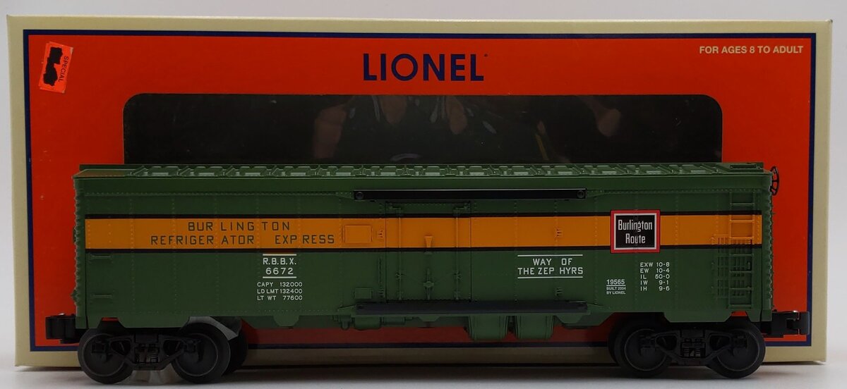 Lionel 6-19565 O Gauge Burlington Refrigerator Car #6672 LN/Box