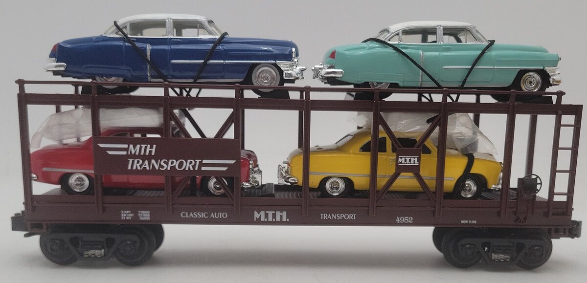 MTH 30-7628 O Gauge Auto Carrier Flatcar with 4 Ertl Cars #4952 EX/Box