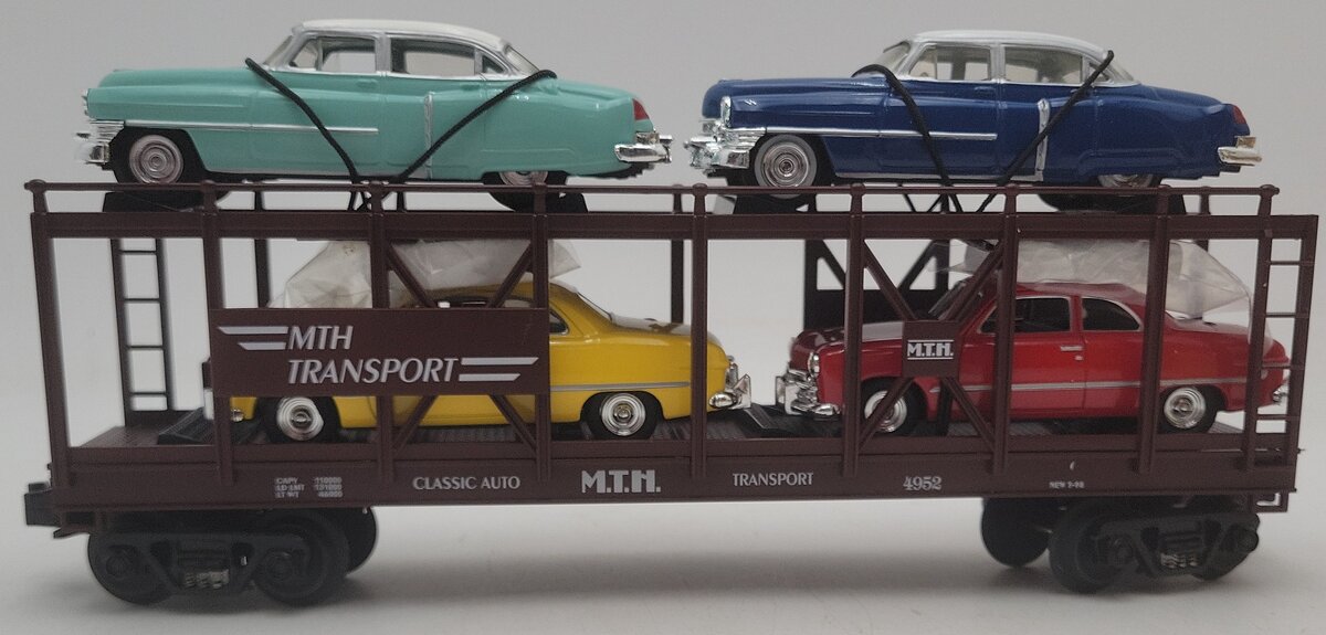 MTH 30-7628 O Gauge Auto Carrier Flatcar with 4 Ertl Cars #4952 EX/Box