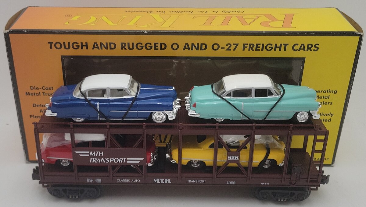 MTH 30-7628 O Gauge Auto Carrier Flatcar with 4 Ertl Cars #4952 EX/Box