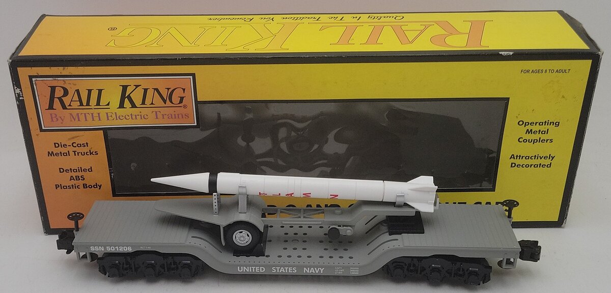 MTH 30-76188 O Gauge US Navy Flat Car w/Rocket Load EX/Box