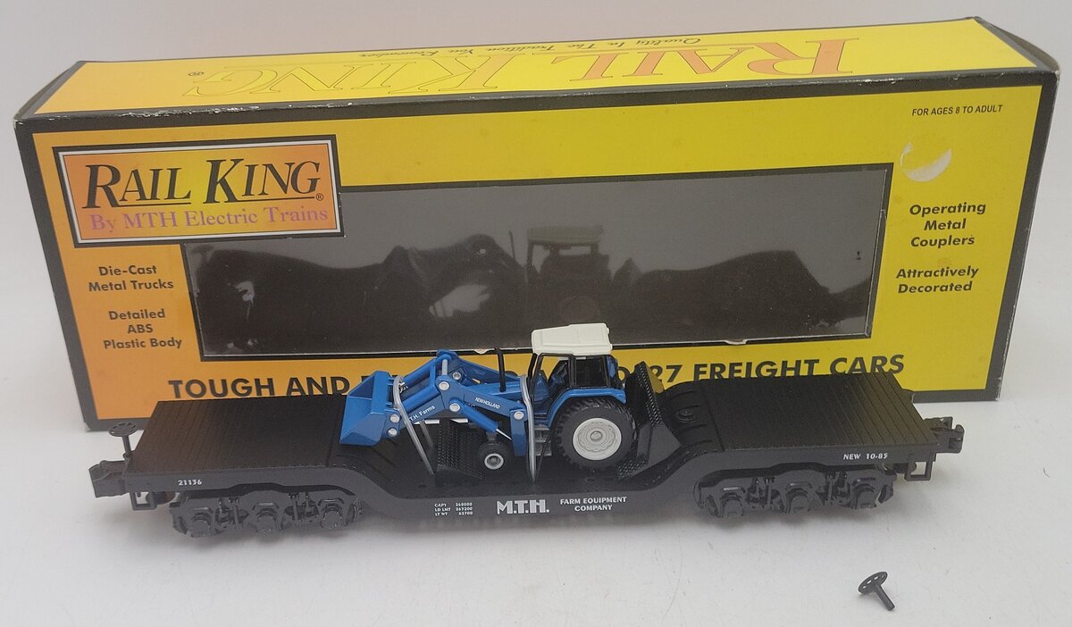 MTH 30-7622 O Gauge Depressed Center Flat w/ Ertl New Holland Tractor #21136 EX/Box
