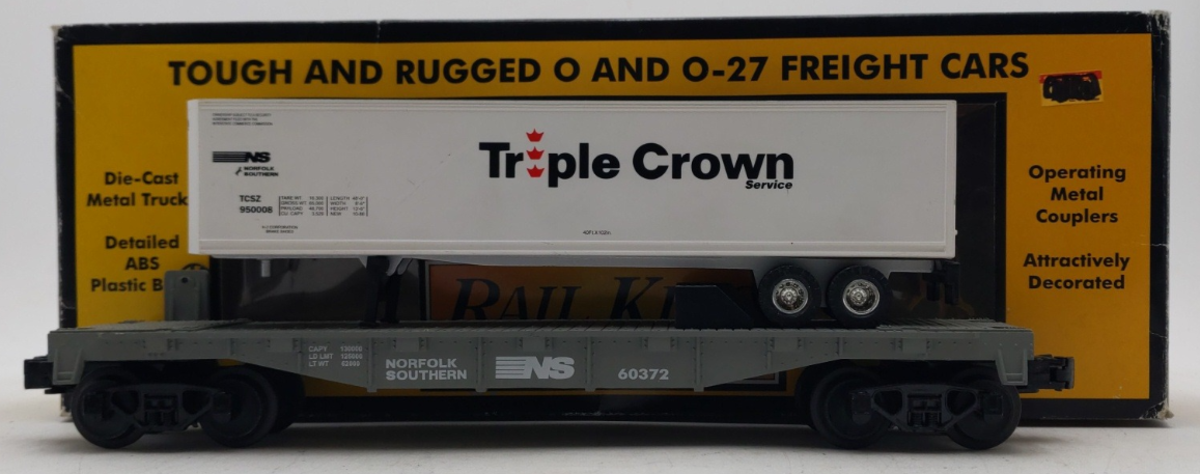 MTH 30-7609 O Gauge Norfolk & Southern Flatcar with NS Triple Crown Trailer VG/Box