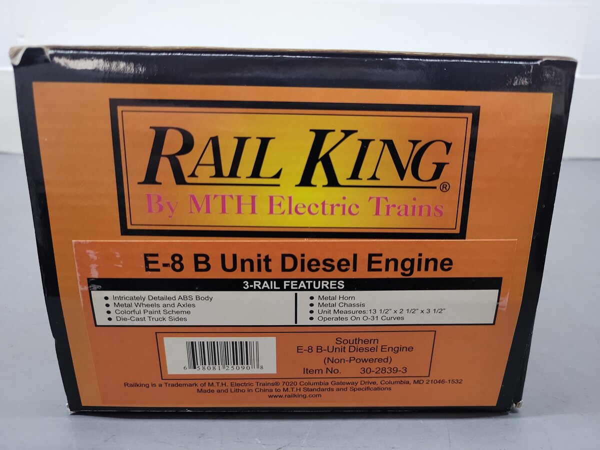 MTH 30-2839-3 O Gauge Southern E-8 B-Unit Non-Powered Diesel Engine EX/Box