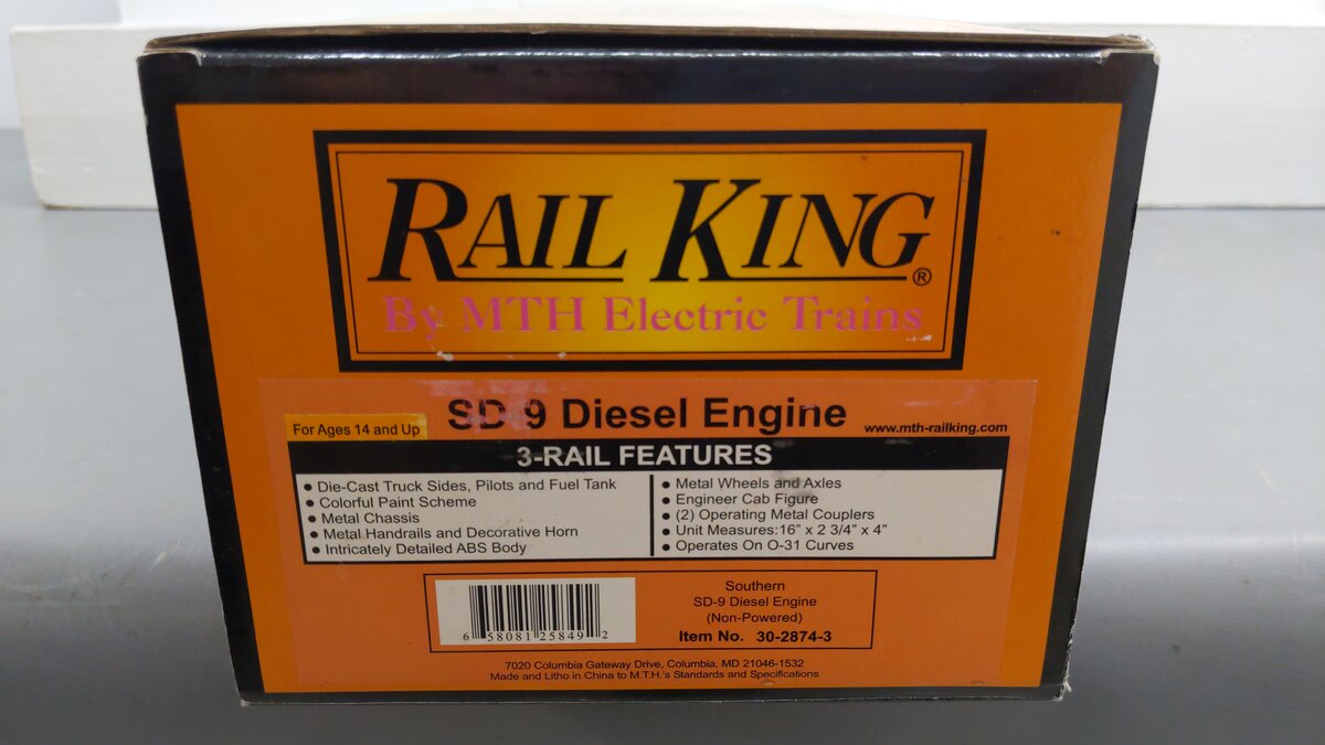 MTH 30-2874-3 O Southern SD-9 Non-Powered Diesel Engine #205 EX/Box