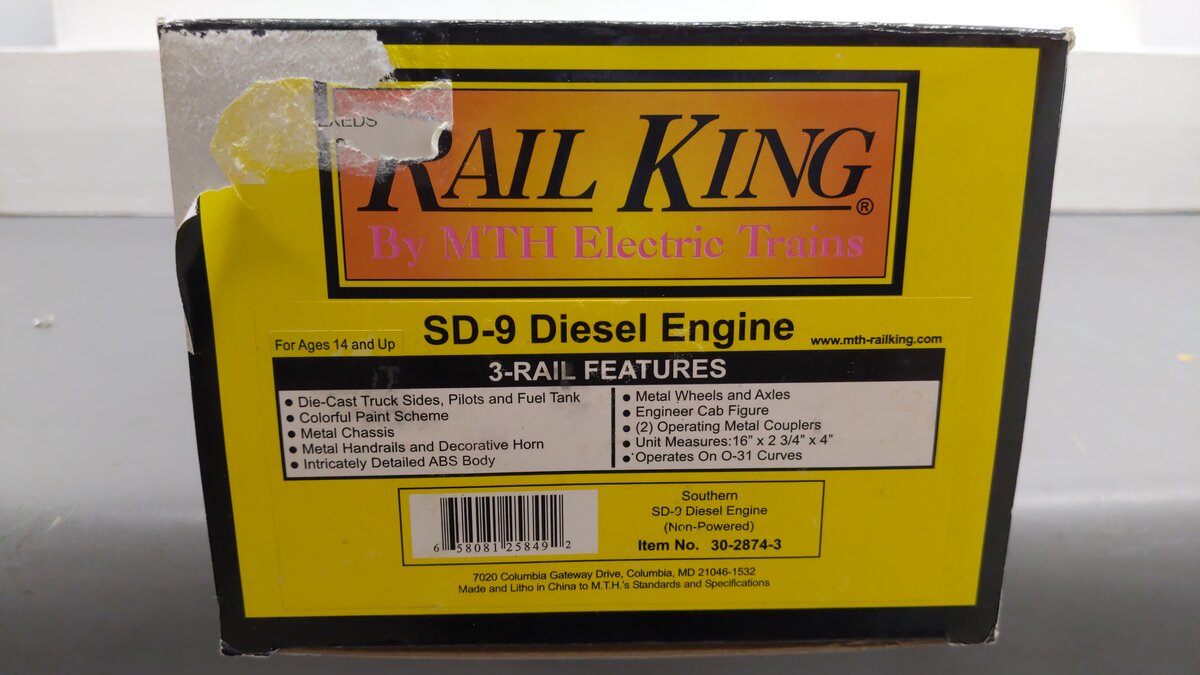 MTH 30-2874-3 O Southern SD-9 Non-Powered Diesel Engine #205 EX/Box