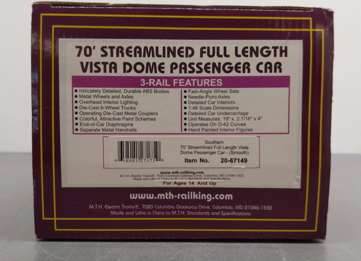 MTH 20-67149 O Southern 70' Full Length Vista Dome (Smooth) EX/Box