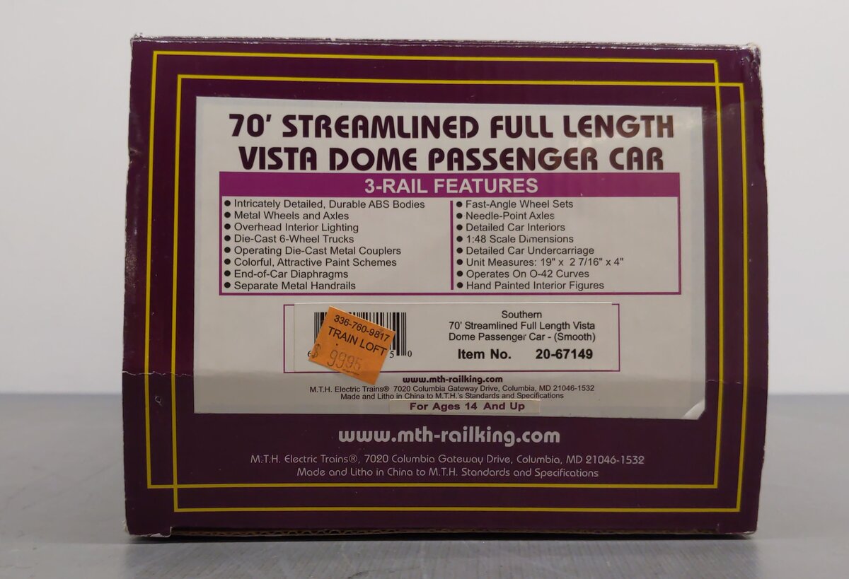 MTH 20-67149 O Southern 70' Full Length Vista Dome (Smooth) EX/Box