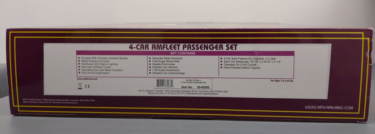 MTH 20-65285 O Gauge Amtrak (Phase 1) 4 Car Amfleet Passenger Set (4) EX/Box