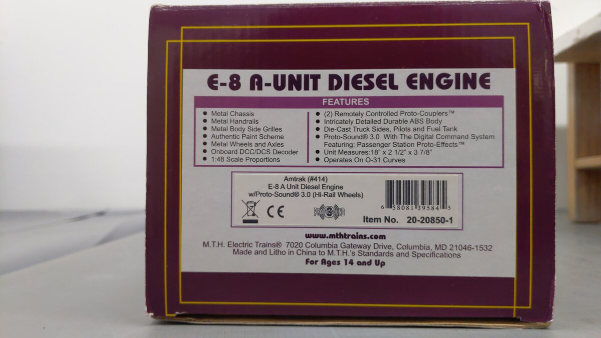 MTH 20-20850-1 Amtrak E-8 A Unit Diesel Engine w/ ProtoSound 3.0 #414 LN/Box
