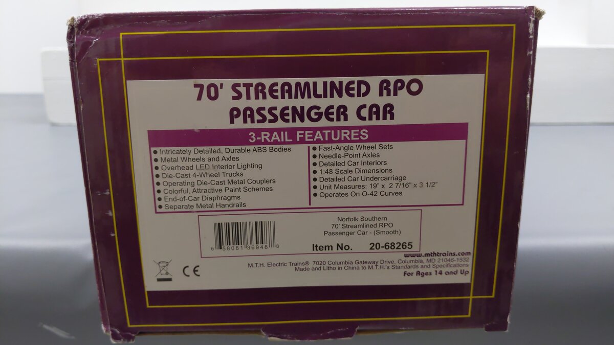 MTH 20-68265 O Norfolk Southern 70' ABS RPO Passenger Car (Smooth) EX/Box