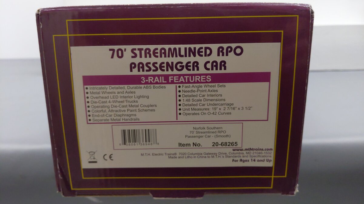 MTH 20-68265 O Norfolk Southern 70' ABS RPO Passenger Car (Smooth) EX/Box