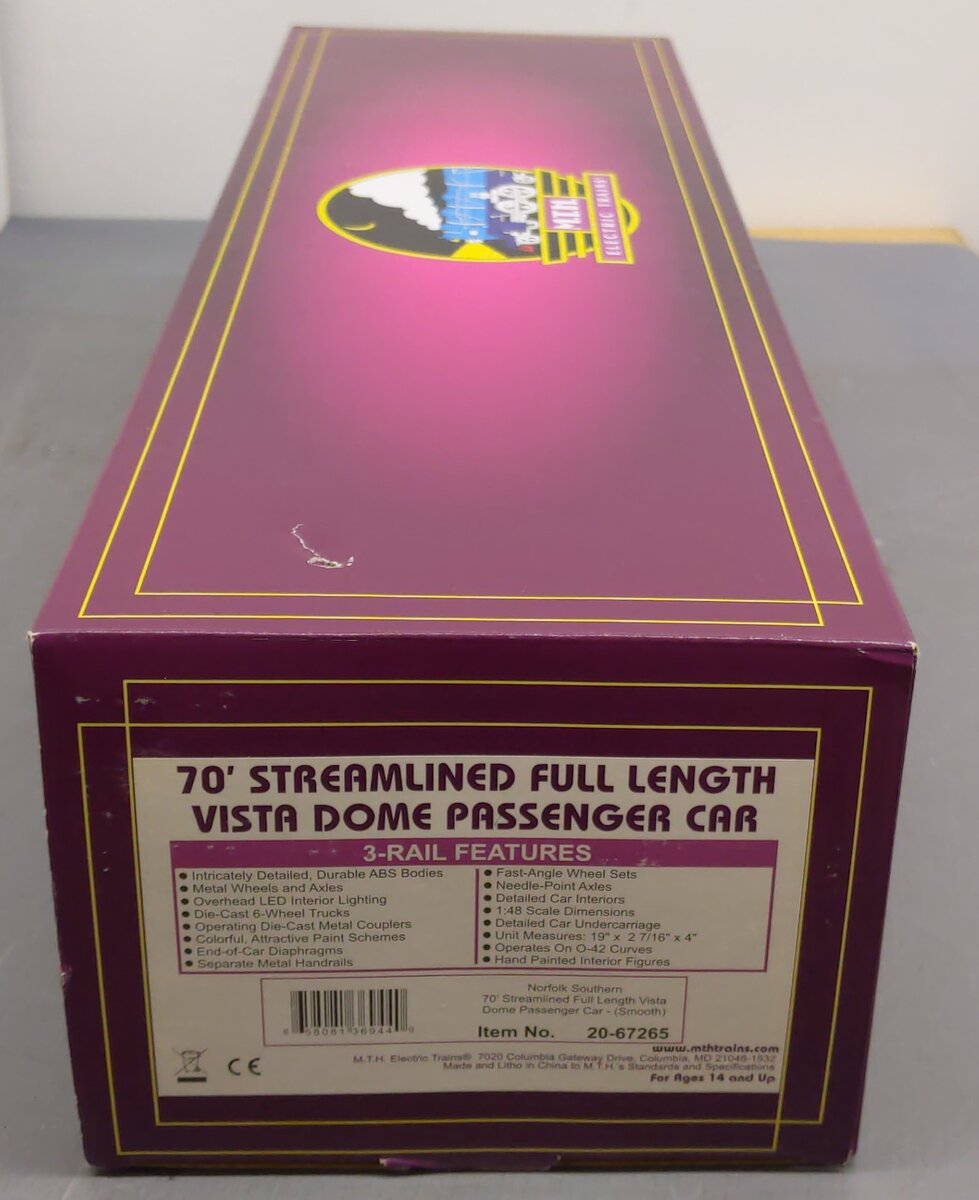 MTH 20-67265 O Norfolk Southern 70' ABS Vista Dome Passenger Car Smooth EX/Box