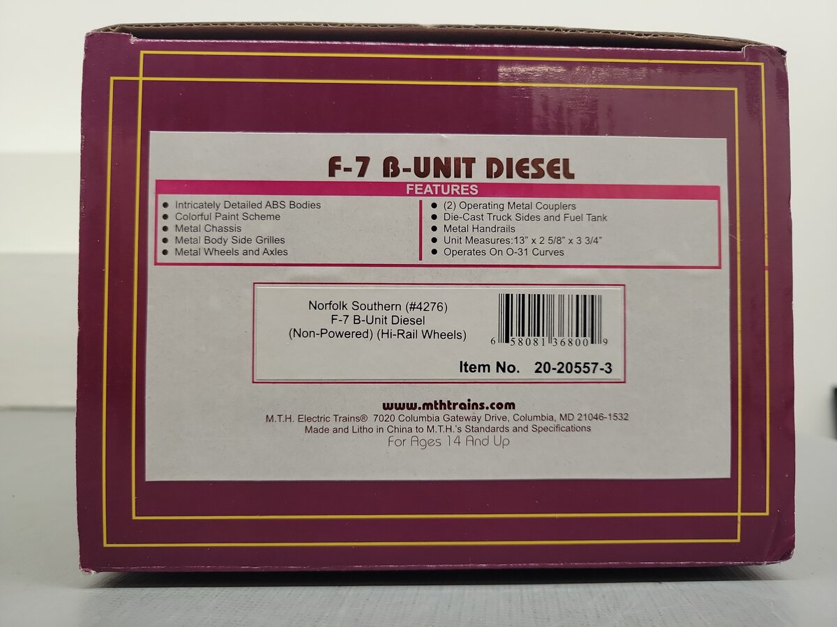MTH 20-20557-3 O Gauge Norfolk Southern EMD F7 B Unit Diesel Engine #4276 3-Rail EX/Box