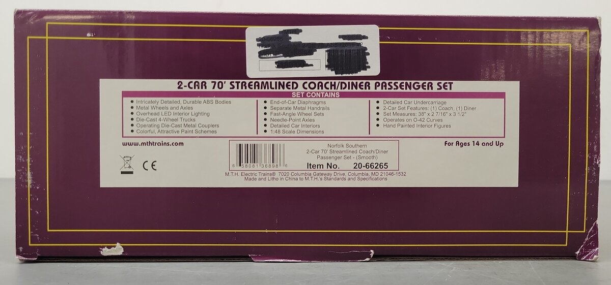 MTH 20-66265 O Norfolk Southern 70' Streamlined Coach/Diner 2-Car Passenger Set LN/Box