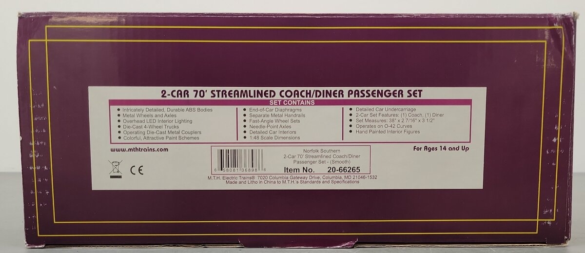 MTH 20-66265 O Norfolk Southern 70' Streamlined Coach/Diner 2-Car Passenger Set LN/Box