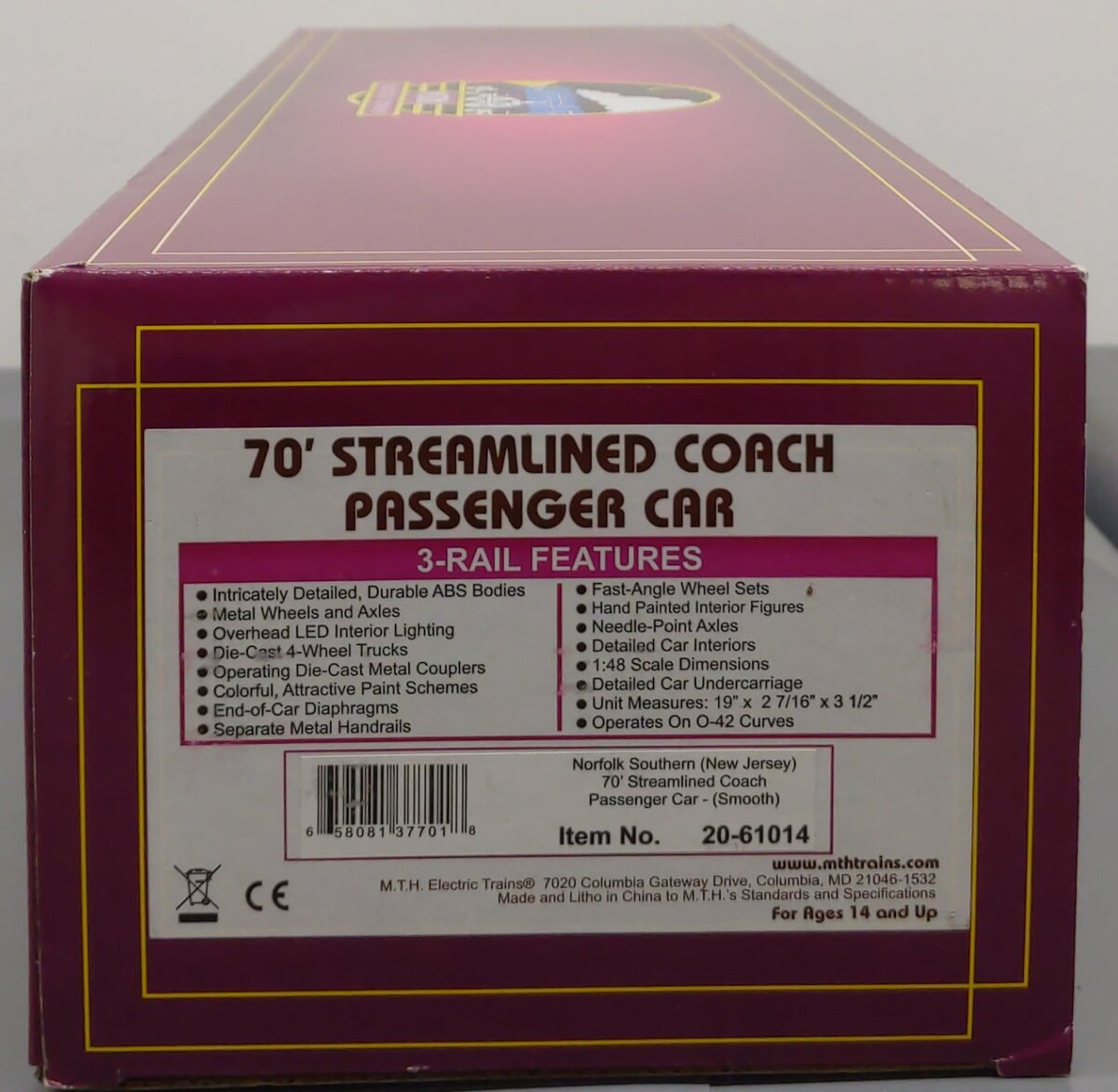 MTH 20-61014 O Norfolk Southern 70' Streamlined Pass Coach Car (Smooth Sided) LN/Box
