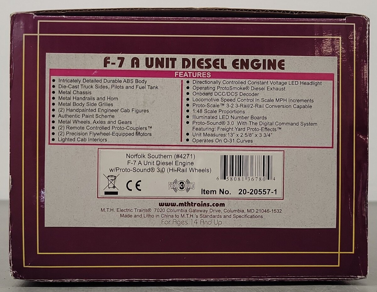 MTH 20-20557-1 O Norfolk Southern F-7 A Diesel Engine #4271 w/PS3 (Hi-Rail) EX/Box