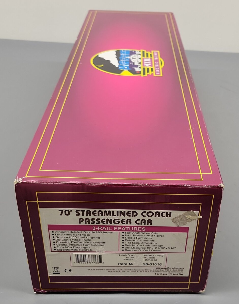 MTH 20-61016 O Gauge 70' Streamlined Coach Powhatan Arrow Coach Car EX/Box