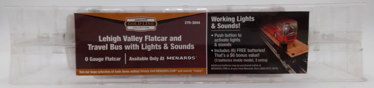Menards 279-3844 O Lehigh Valley Flatcar w/ Travel Bus LN/Box