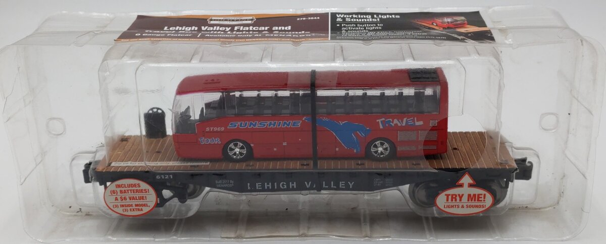 Menards 279-3844 O Lehigh Valley Flatcar w/ Travel Bus LN/Box