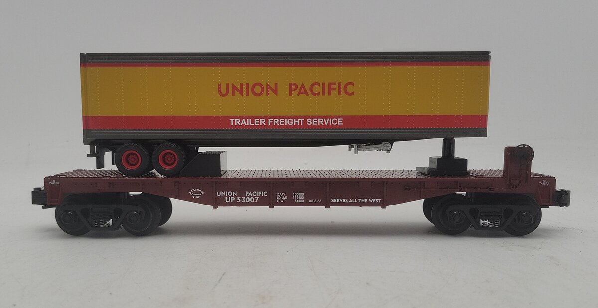 MTH 30-7632 O Gauge Union Pacific Flatcar #53007 with Trailer EX/Box