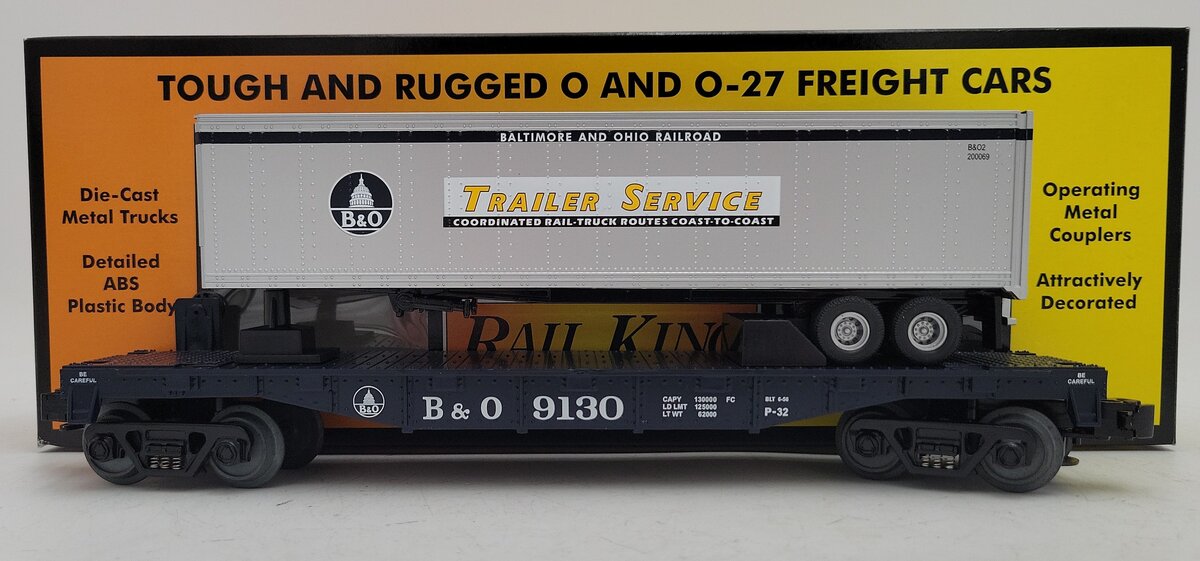 MTH 30-7010E O Gauge Baltimore & Ohio Flatcar w/ Trailer EX/Box