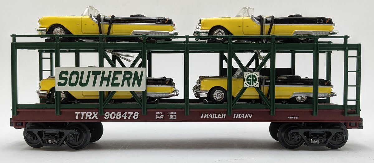 MTH 30-76140 O Gauge Southern Auto Carrier with 4 1955 Pontiacs LN/Box