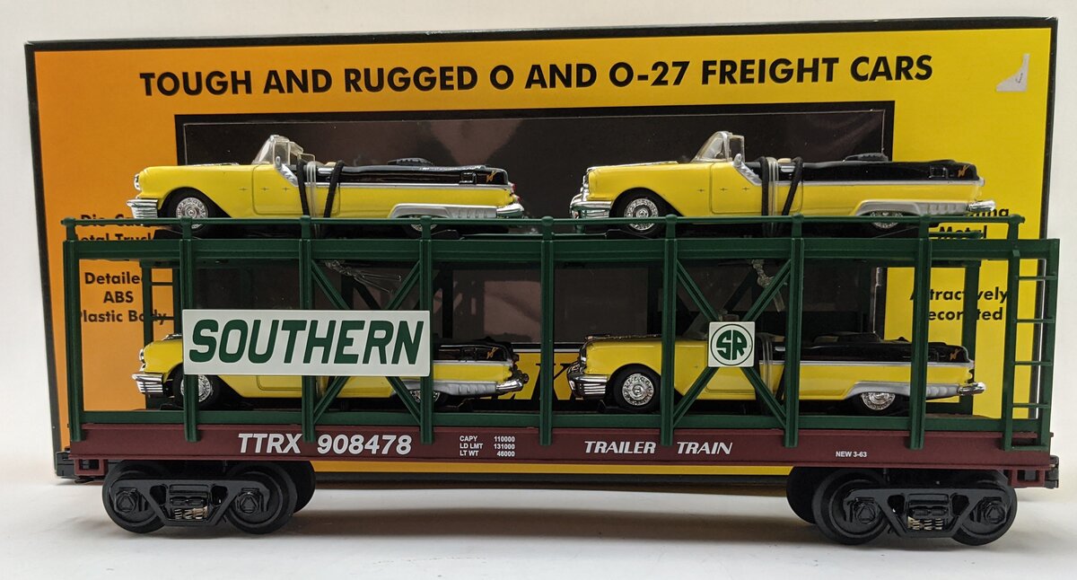 MTH 30-76140 O Gauge Southern Auto Carrier with 4 1955 Pontiacs LN/Box