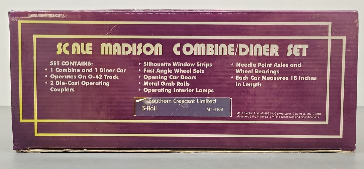 MTH 20-4108 O Gauge Southern Crescent Madison Combine/Diner 2-Car Set/Box