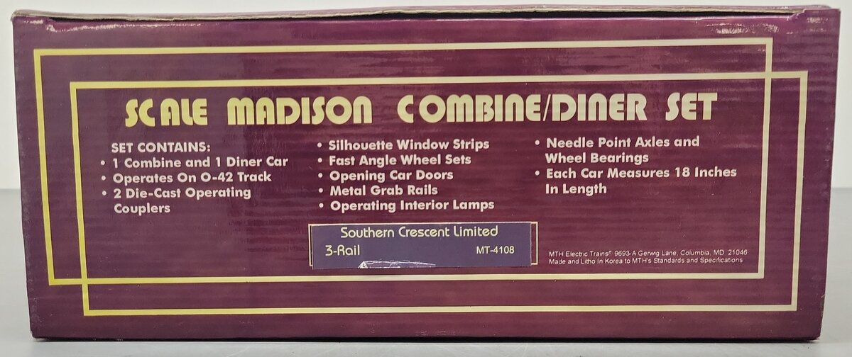 MTH 20-4108 O Gauge Southern Crescent Madison Combine/Diner 2-Car Set/Box