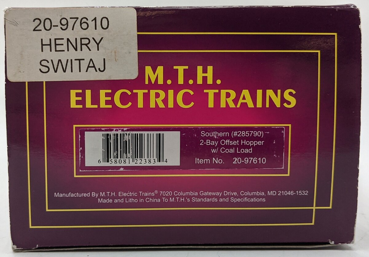 MTH 20-97610 O Southern Premier 2-Bay Offset Hopper Car w/Coal Load #285790 EX/Box