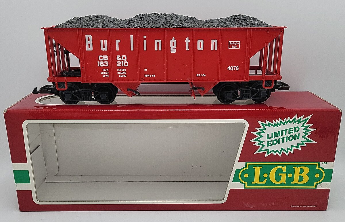 LGB 4076-M01 G Scale Burlington Hopper with Coal Load #163210 EX/Box