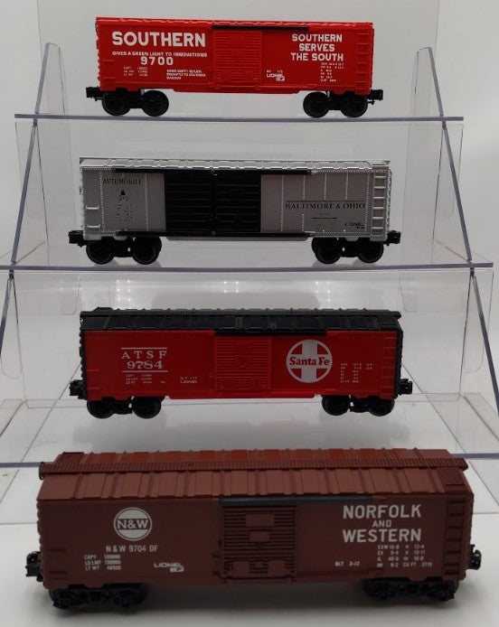 Lionel O Gauge MPC Southern, B&O, Santa Fe, and Norfolk & Western Boxcars [4] VG