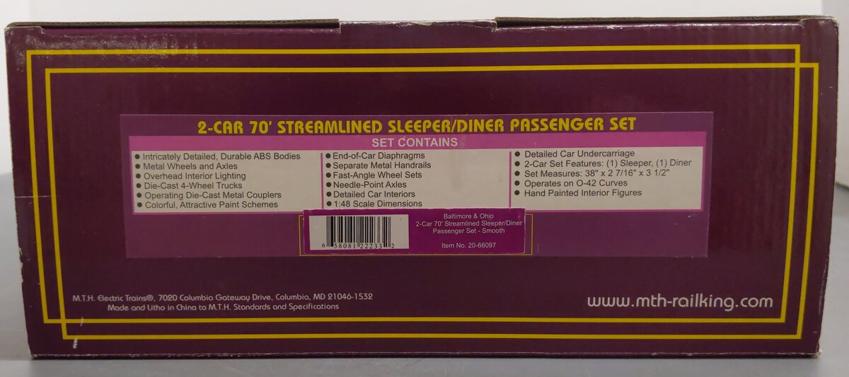 MTH 20-66097 O B&O 70' Streamlined Sleeper/Diner Passenger Car Set (Set of 2) LN/Box