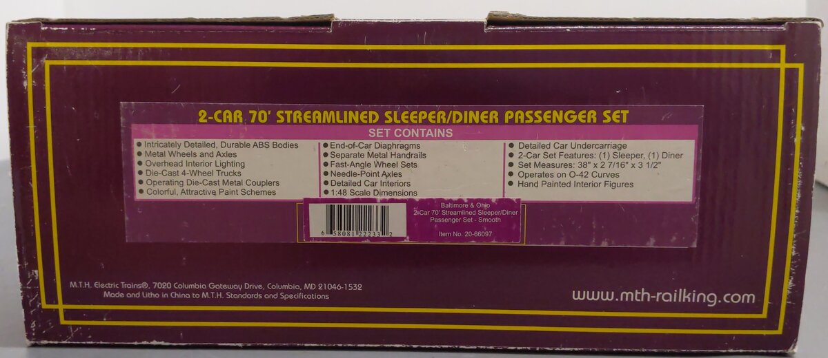MTH 20-66097 O B&O 70' Streamlined Sleeper/Diner Passenger Car Set (Set of 2) LN/Box