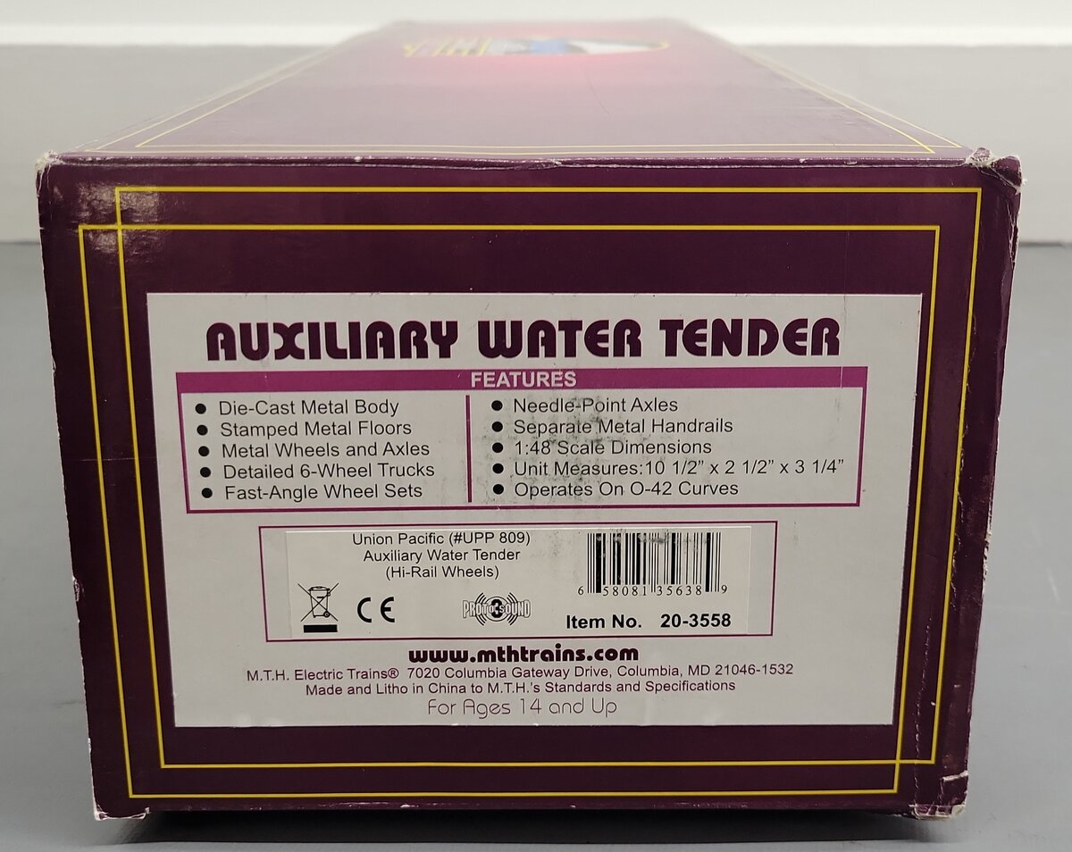 MTH 20-3558 O Union Pacific Jim Adams Water Tender I 3-Rail w/ Hi-Rail #809 EX/Box