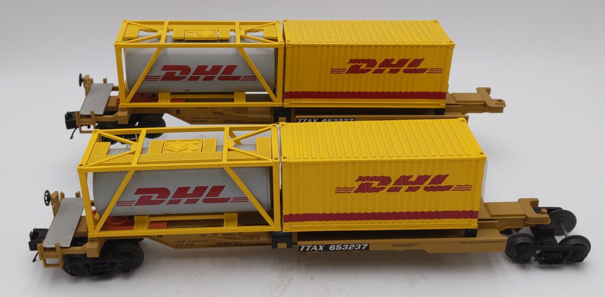 MTH 20-95299 O TTX DHL Spine Car Set w/Tank Container & 20' Container (Set of 2) EX
