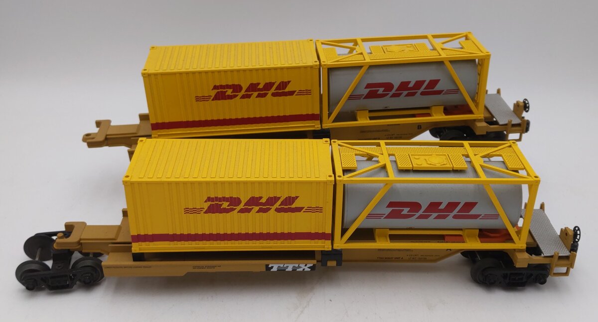 MTH 20-95299 O TTX DHL Spine Car Set w/Tank Container & 20' Container (Set of 2) EX