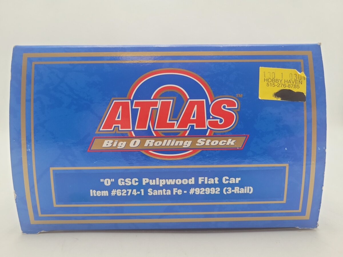 Atlas 6274-1 O Gauge Santa Fe Pulpwood Flatcar #92992 (3 Rail) EX/Box
