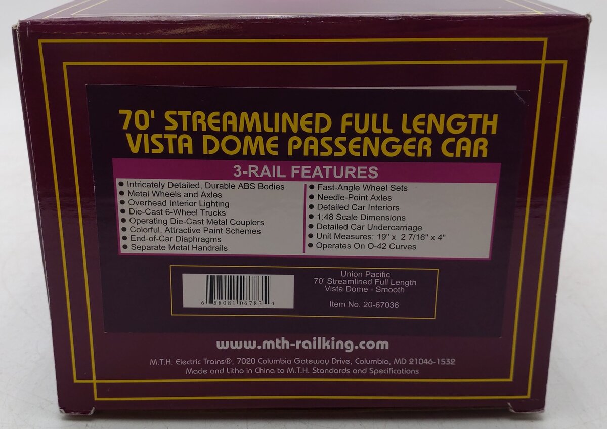 MTH 20-67036 Union Pacific 70' ABS Full Length Vista Dome Passenger Car EX/Box