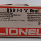Lionel 6-8363 O Gauge Baltimore & Ohio F3 Powered A Unit Diesel Locomotive VG/Box