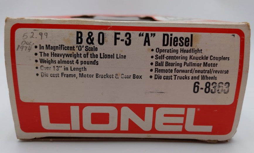 Lionel 6-8363 O Gauge Baltimore & Ohio F3 Powered A Unit Diesel Locomotive VG/Box