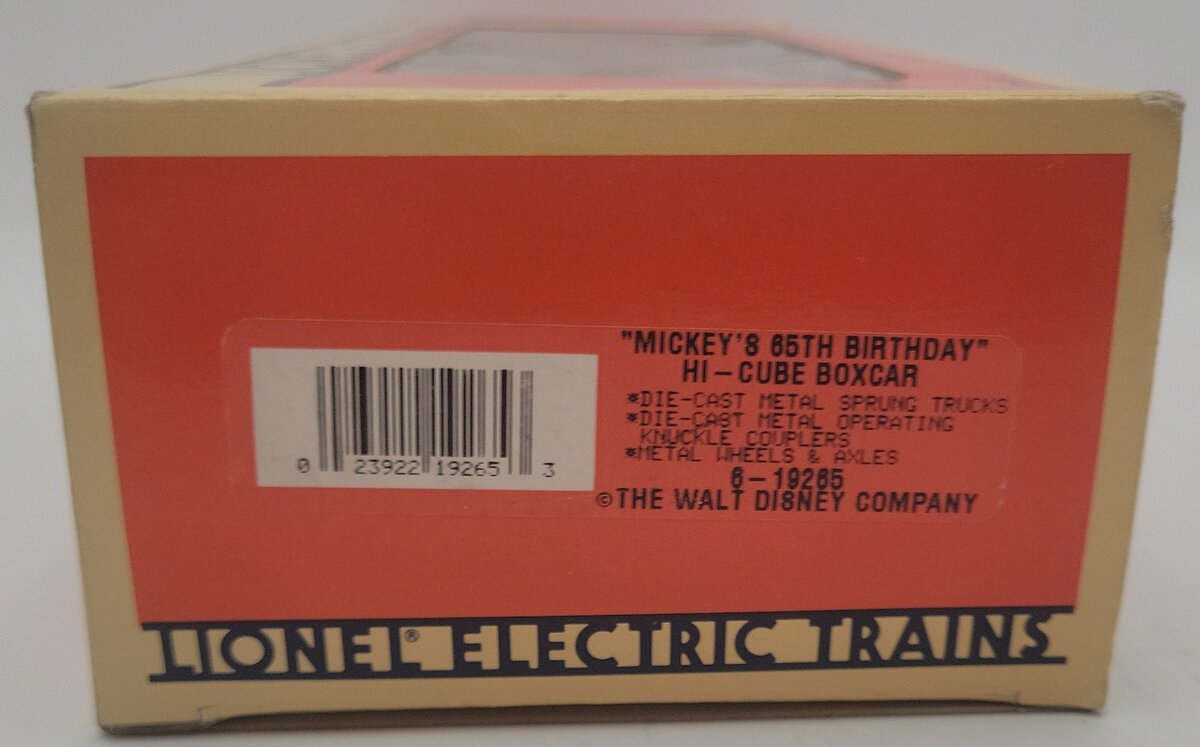 Lionel 6-19265 O Gauge Mickeys 65th Birthday Hi-Cube Boxcar EX/Box