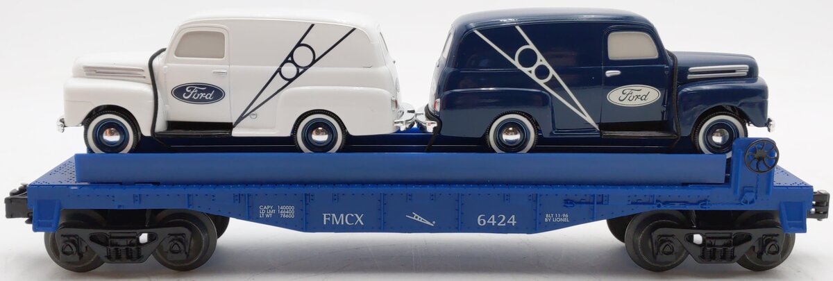 Lionel 6-16985 O Gauge Eastwood Automobilia Flatcar w/ Ford Panel Trucks #6424 EX/Box