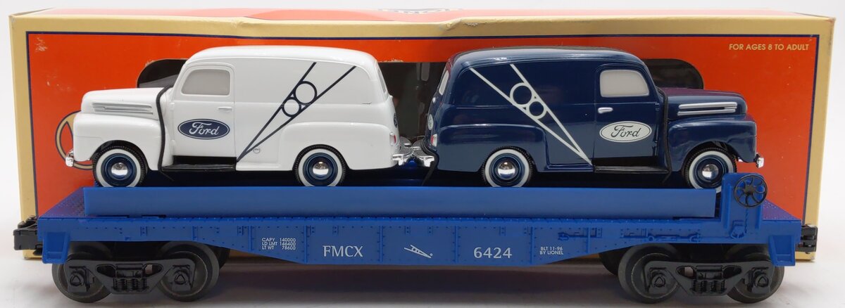 Lionel 6-16985 O Gauge Eastwood Automobilia Flatcar w/ Ford Panel Trucks #6424 EX/Box