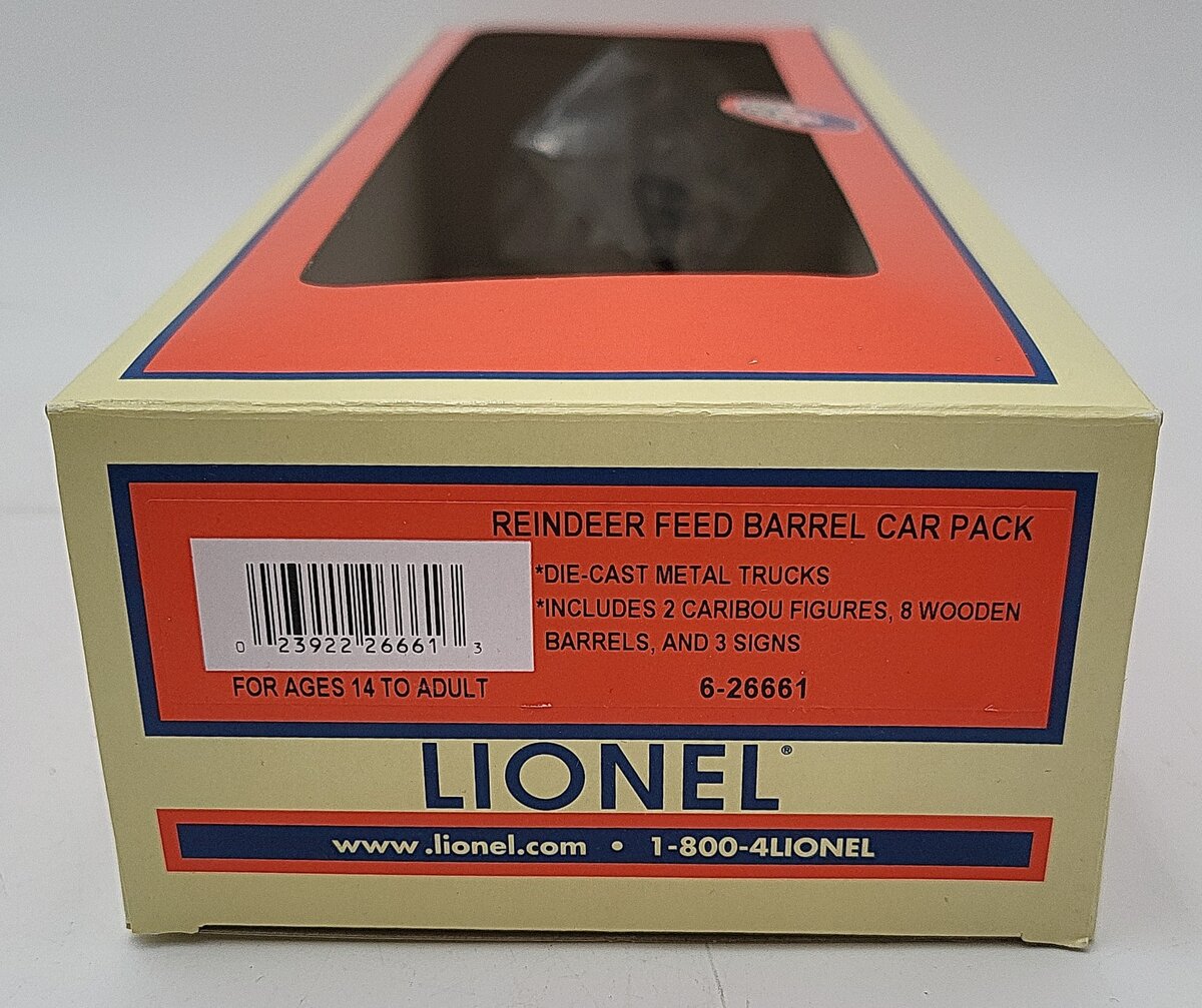 Lionel 6-26661 O Gauge Reindeer Feed Barrel Ramp Car Pack LN/Box