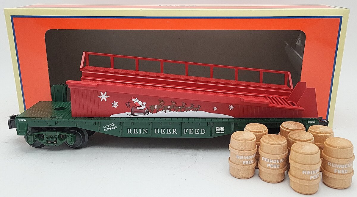 Lionel 6-26661 O Gauge Reindeer Feed Barrel Ramp Car Pack LN/Box