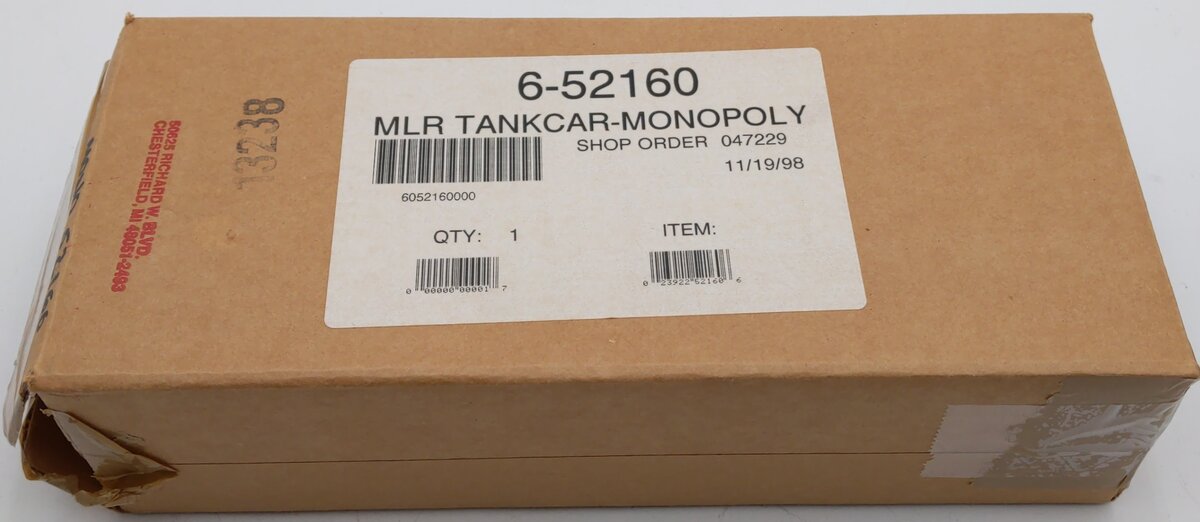 Lionel 6-52160 O Gauge Monopoly Water Works Tank Car #M-1029 LN/Box