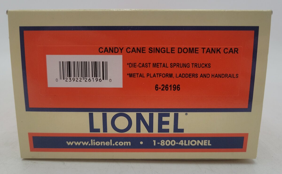 Lionel 6-26196 O Gauge Candy Cane Single Dome Tank Car #26196 LN/Box